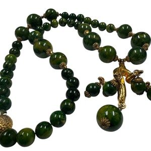 Bakelite necklace with spinach‎ beads & Gold pendent of monkey holding beads EUC